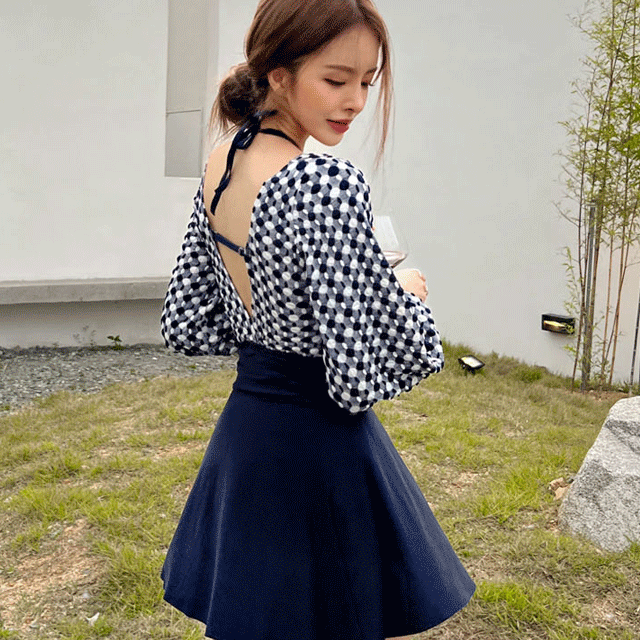 (3시이전 당일발송) 빌라넬 원피스 수영복 (5size M~4XL) 비키니 랩 셔링 꼬임 홀터넥 스커트 치마 퍼프 긴팔 물방울 체크 빅사이즈 큰사이즈