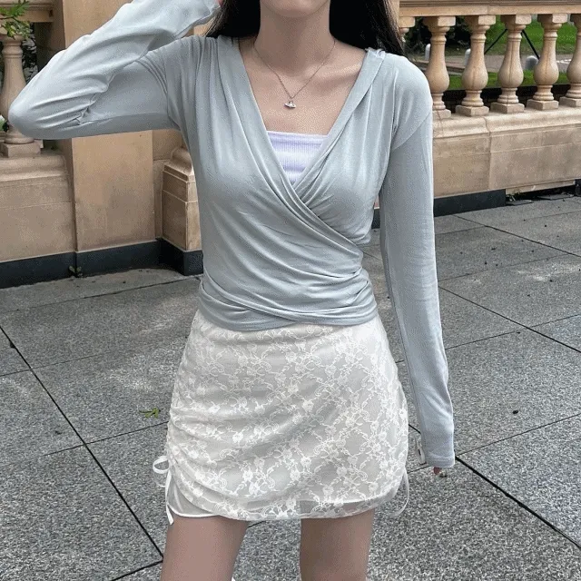 [가을신상!][3color!] 후드 랩 라이트 민트 화이트 블랙 셔링 브이넥 레이어드 긴팔 티