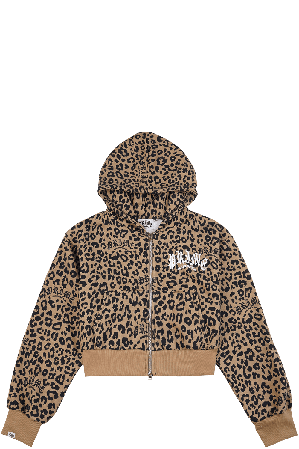 Leopard Crop Zip-Up Hoodie Beige