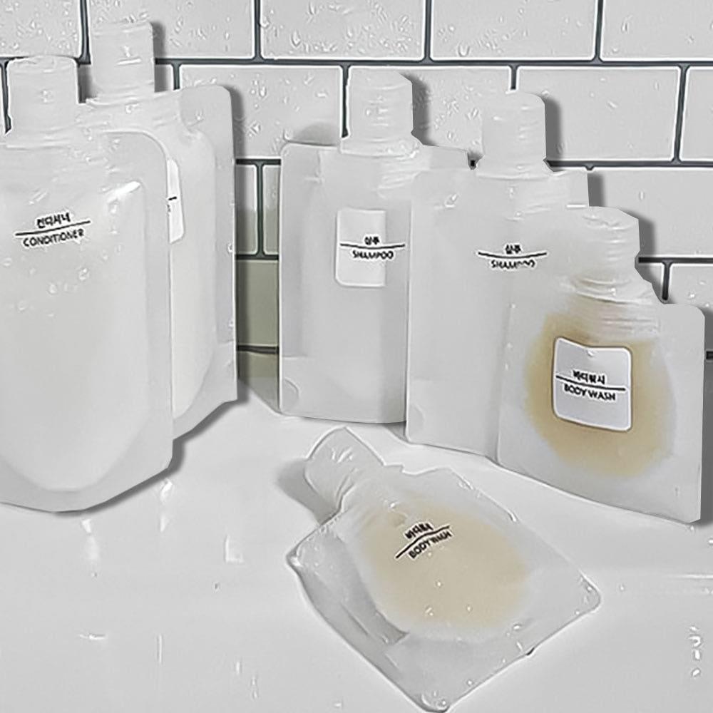 30,50,100ml 여행용 파우치세트 샴푸 컨디셔너 바디워시 바디로션 손소독제 라벨5종