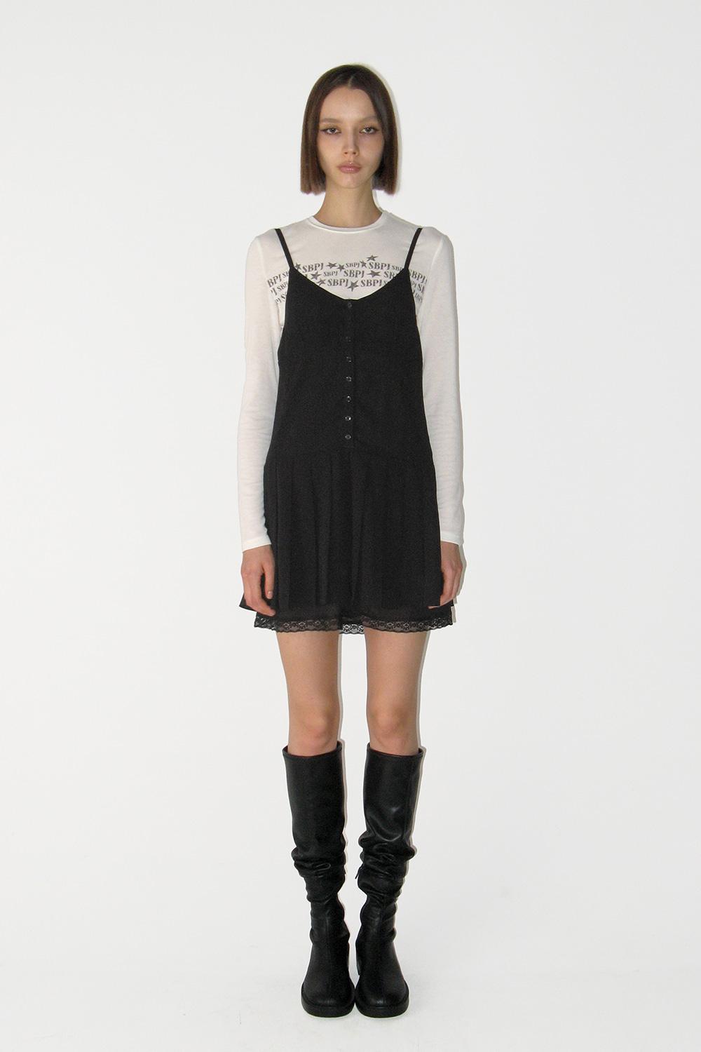 Lace Pleats Midi One-piece, BLACK