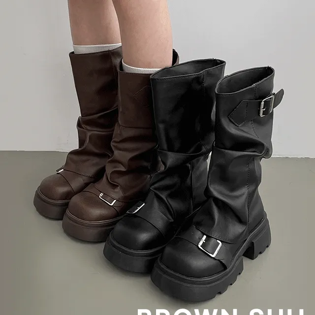 ❤당일배송/자체제작❤ 배틀 라운드토 셔링 워머 버클 통굽 부츠