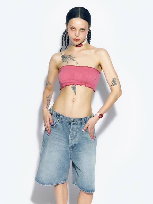 KNEE LENGTH WIDE DENIM PANTS BLUE