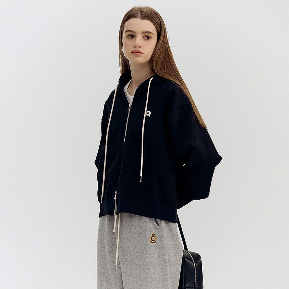 UNISEX LEATHER LOGO ZIP-UP HOODIE BLACK_UDTS2A108BK