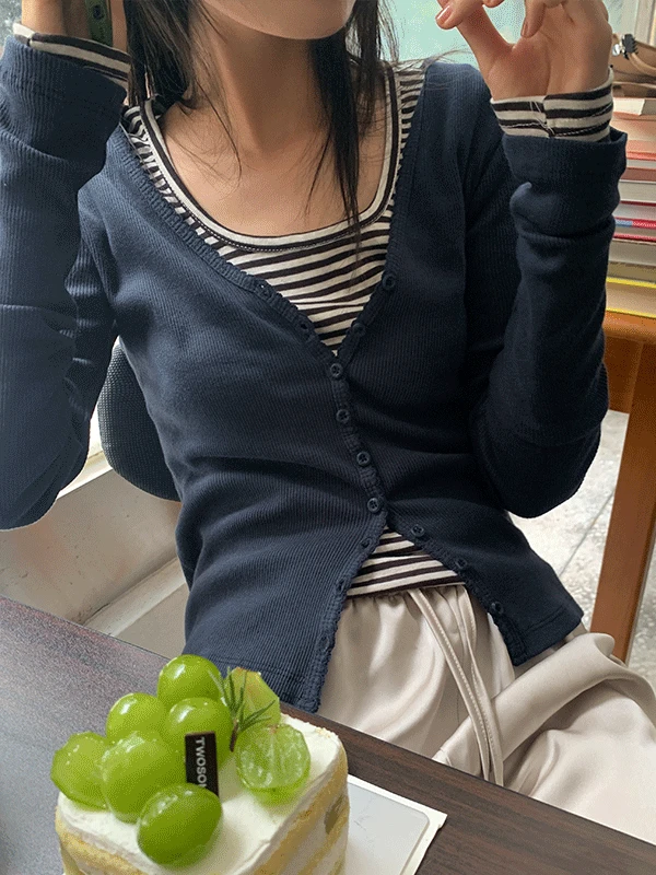 피브렛 버튼 레이스 레이어드 골지 가디건 티셔츠