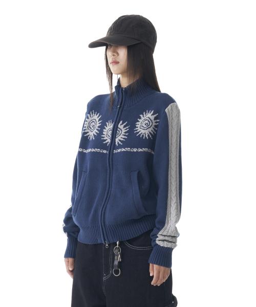 Sun Jacquard Zip-Up Sweater (Navy)