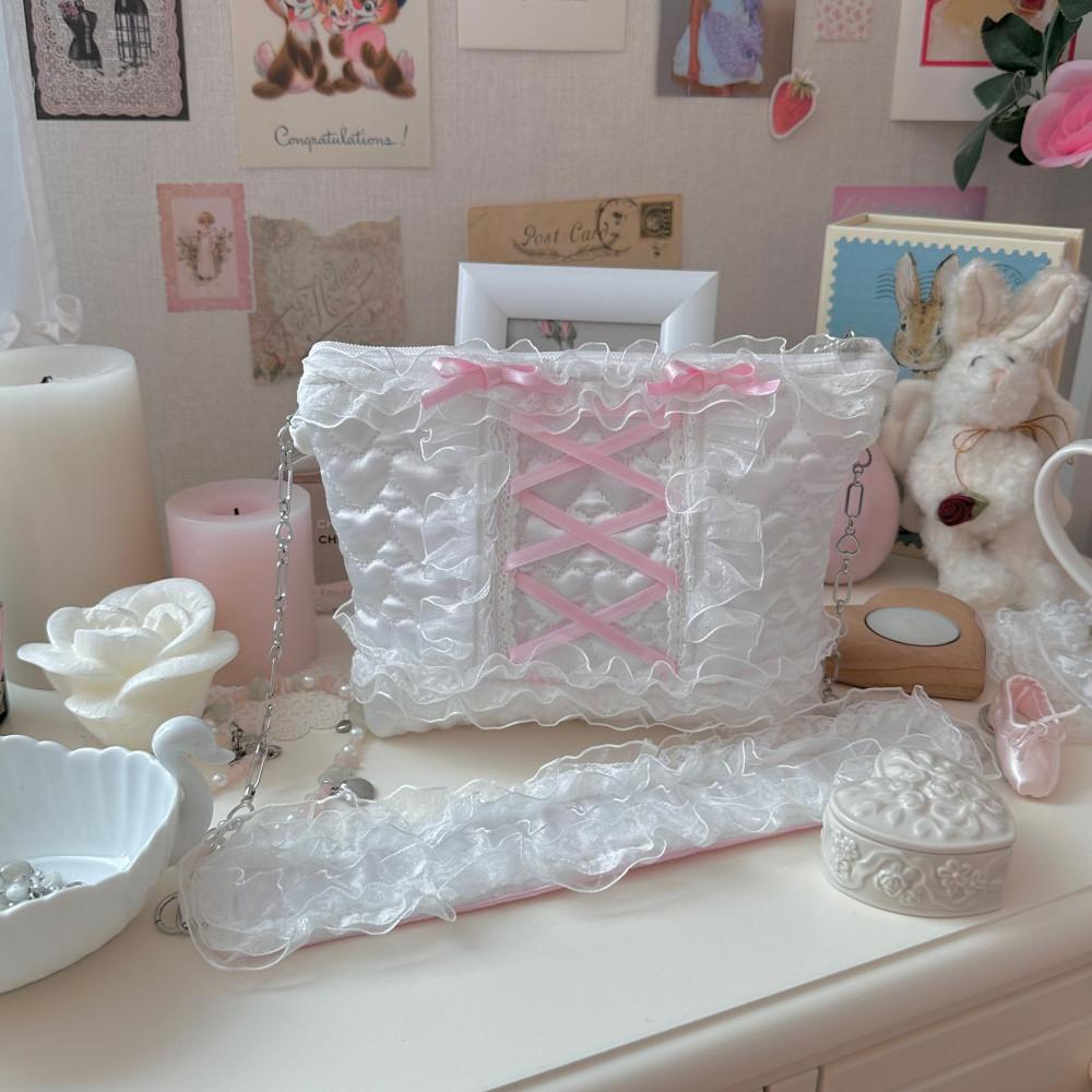 y2k 로맨틱 프릴 리본 카메라 파우치 백 수제 화장품 가방