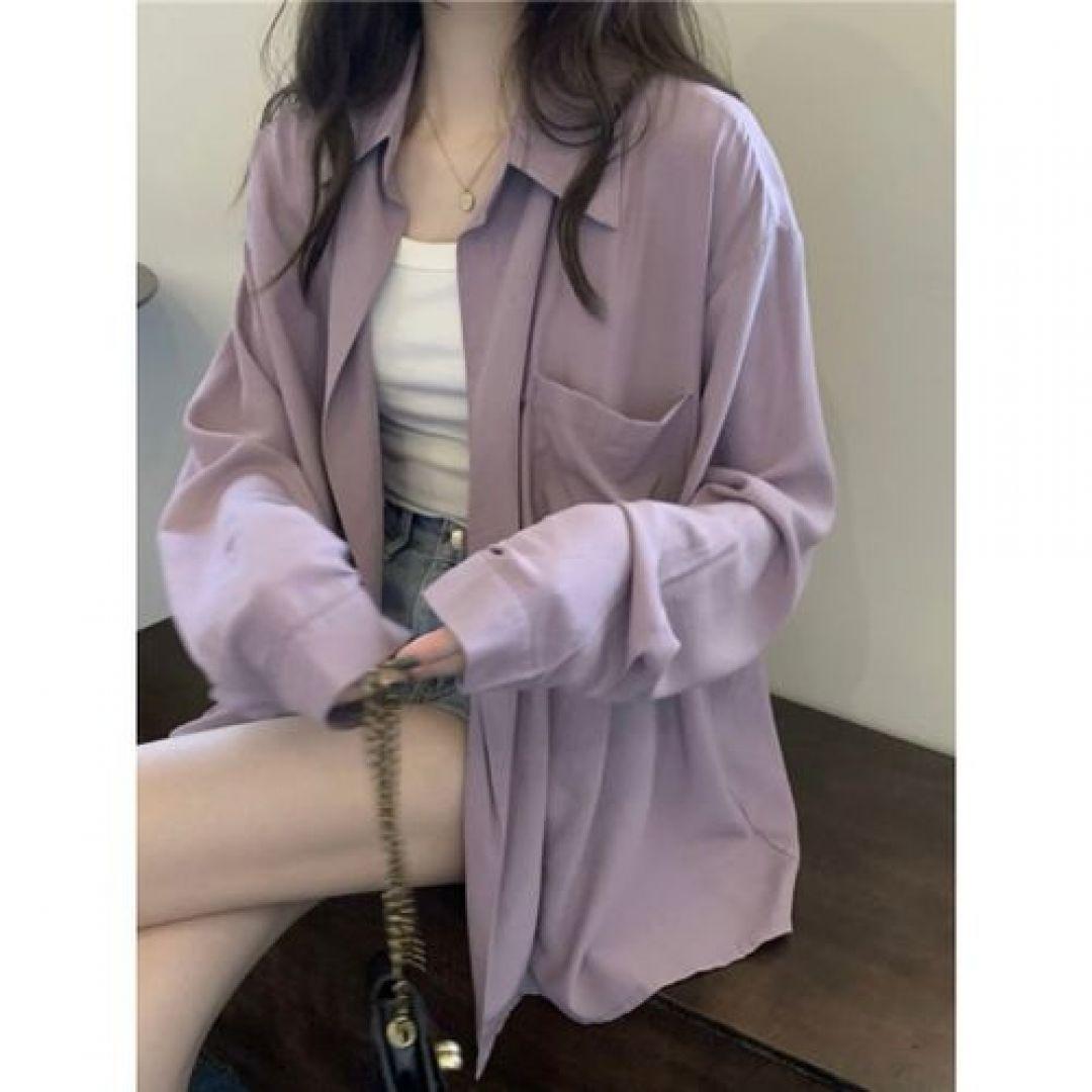 여자 흰셔츠 무지 카라 오버핏 박시 셔링 숄더카라 단추 랩 롱셔츠 블라우스 그린 보라색