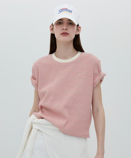 [25SS clove] Ribbed Stripe Short T-shirt (Red)