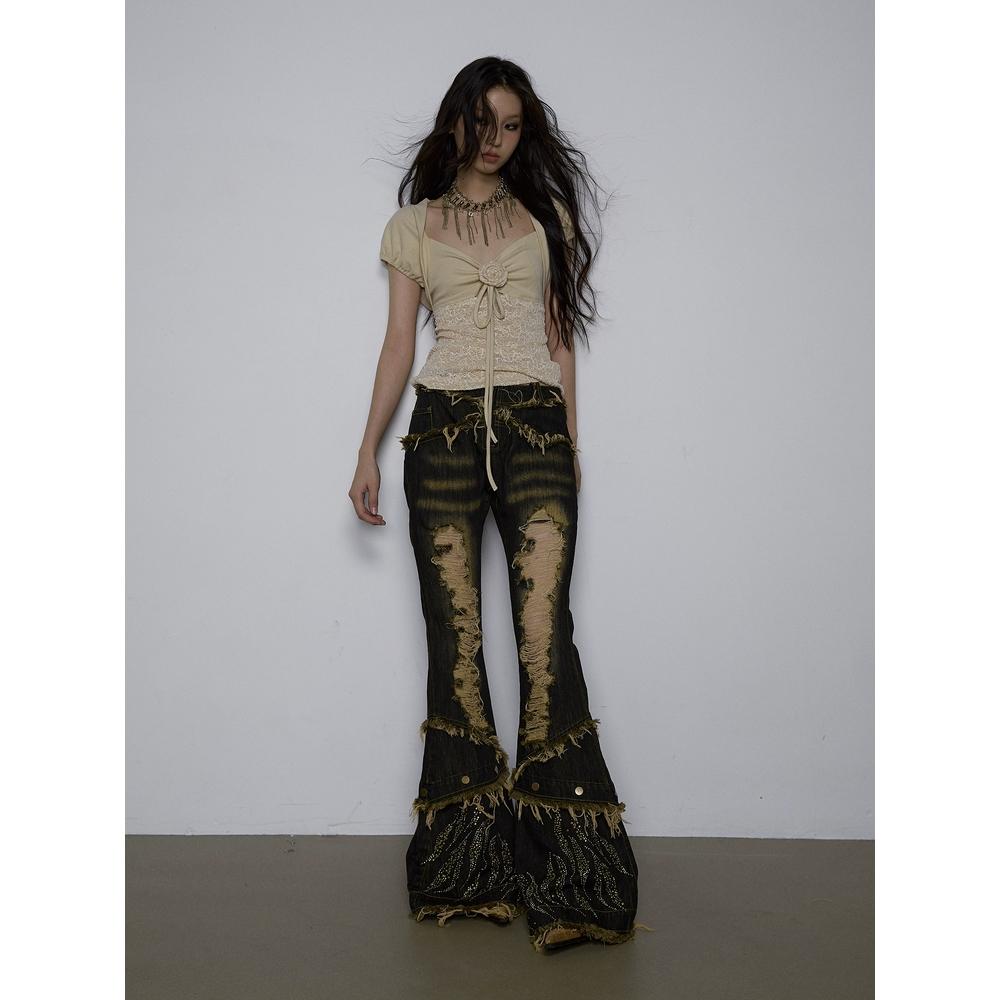 NO ROMANCE 노맨스 워싱 퍼 로우 탈부착 7부 팬츠 부츠컷 청바지