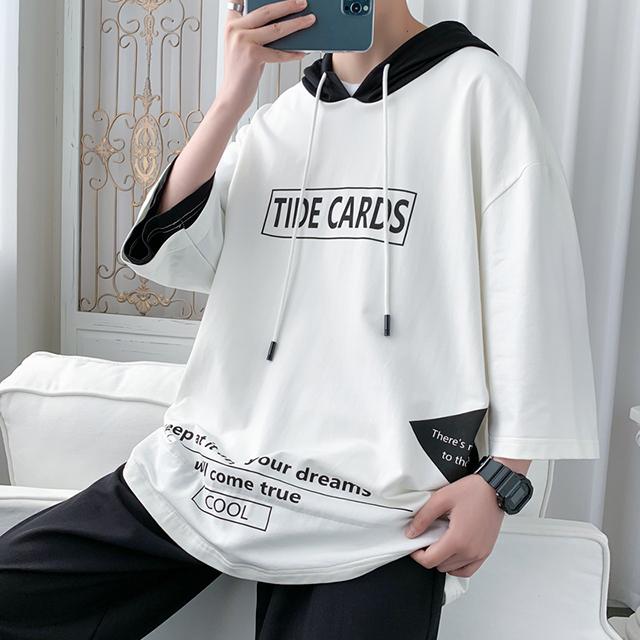 유니크 언발 배색 레이어드 7부 후드 티셔츠 MD1005