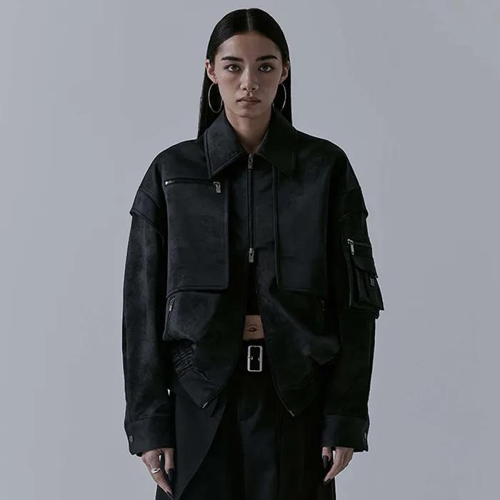 Suede Matte Leather Jacket [ Black ]