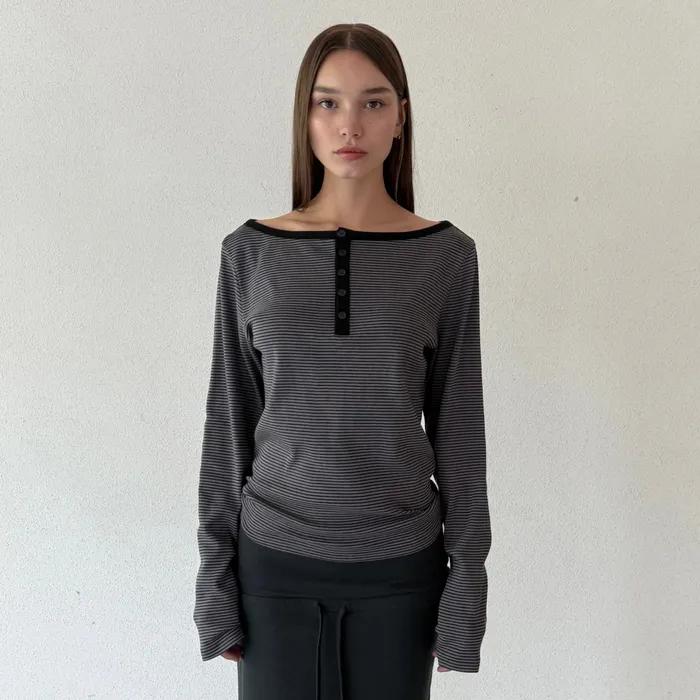 [2ND RESTOCK] STRIPE BUTTONED LINE TEE - CHARCOAL