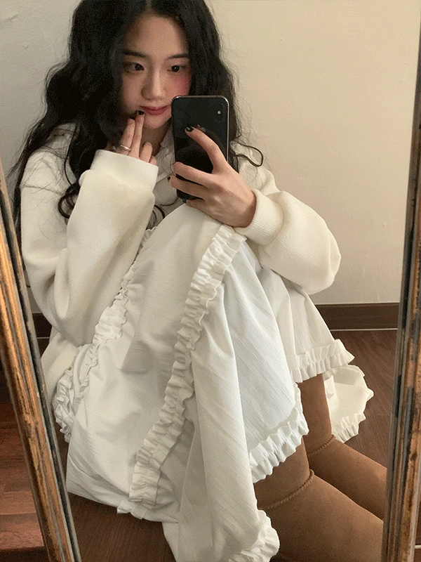 [안감밍크털/핵따숩] 로렐라 밍크 융털 프릴 밴딩 롱스커트