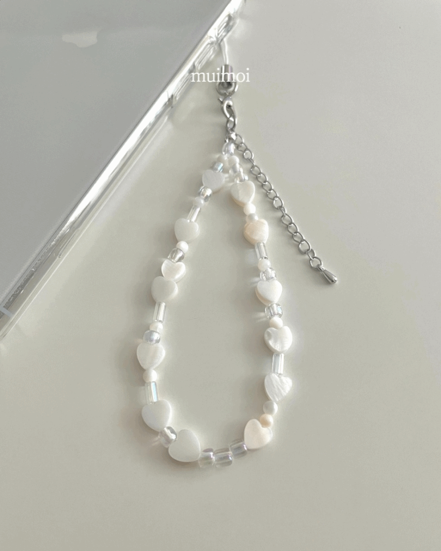 ✨자체제작/고리선택✨ 무이 하트 자개 비즈 핸드폰 줄 스트랩 키링 - 세로형