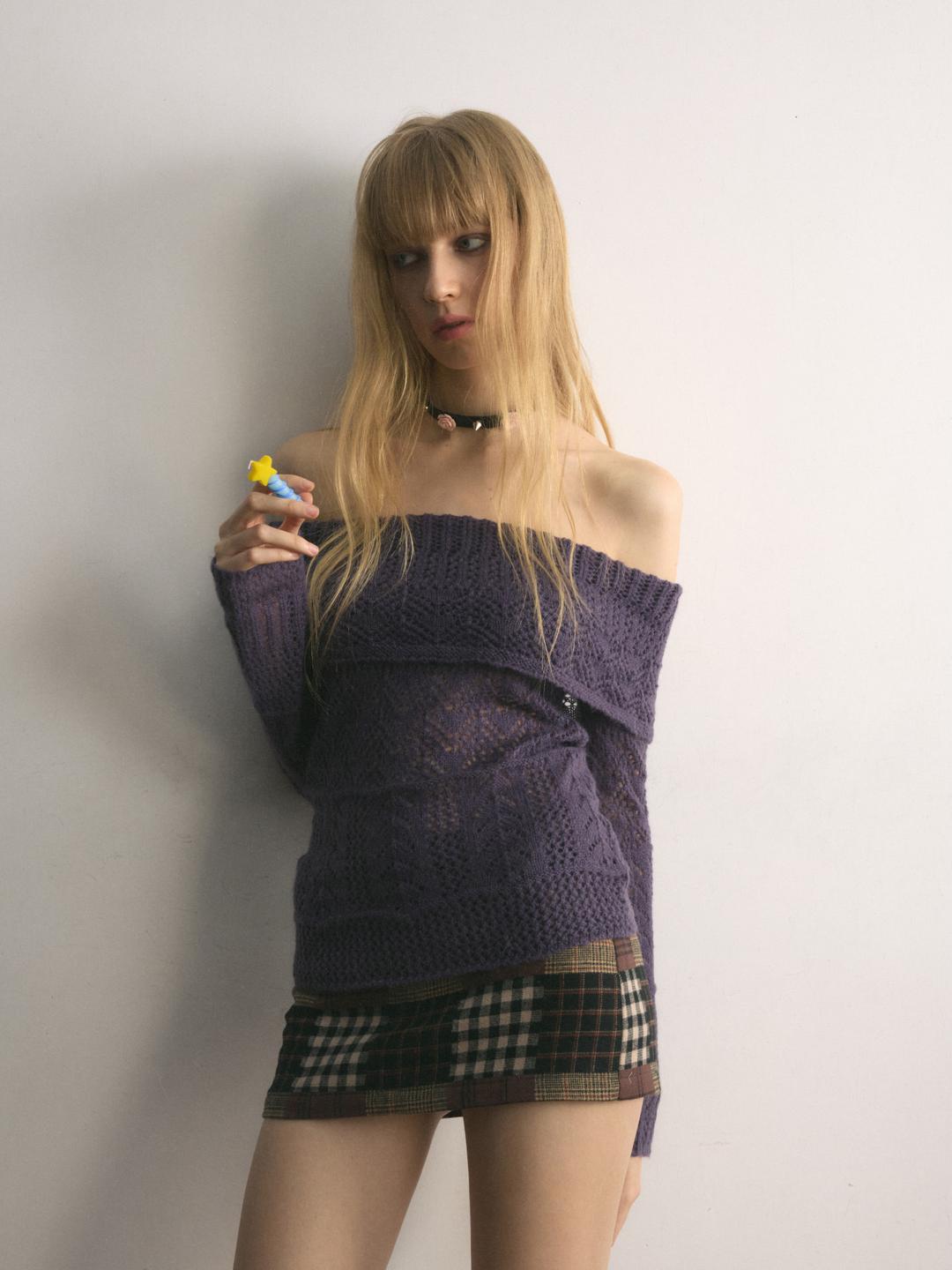 Omnivore Universe Off-Shoulder Crochet Slim Knit