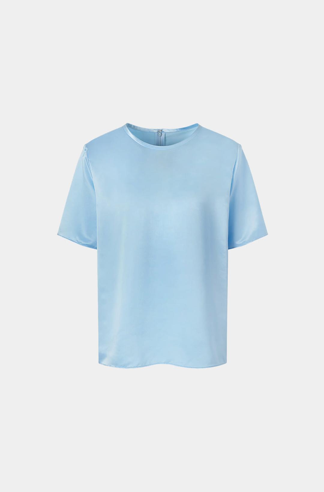 플랫넥 새틴 패드 블라우스 - 파우더 블루