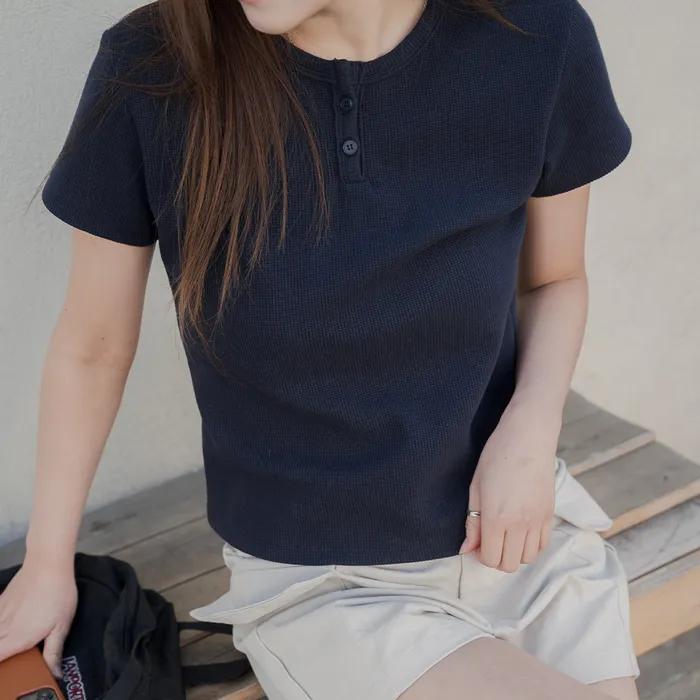 와플 헨리넥 HCH로고 티셔츠_네이비