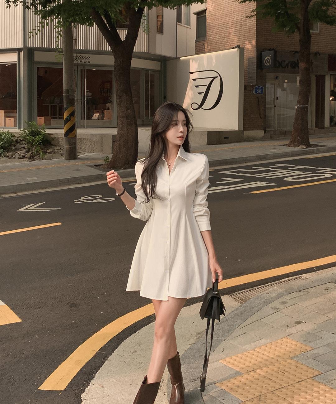로웬 핀턱 셔츠 미니 플레어 원피스(3차 재진행)