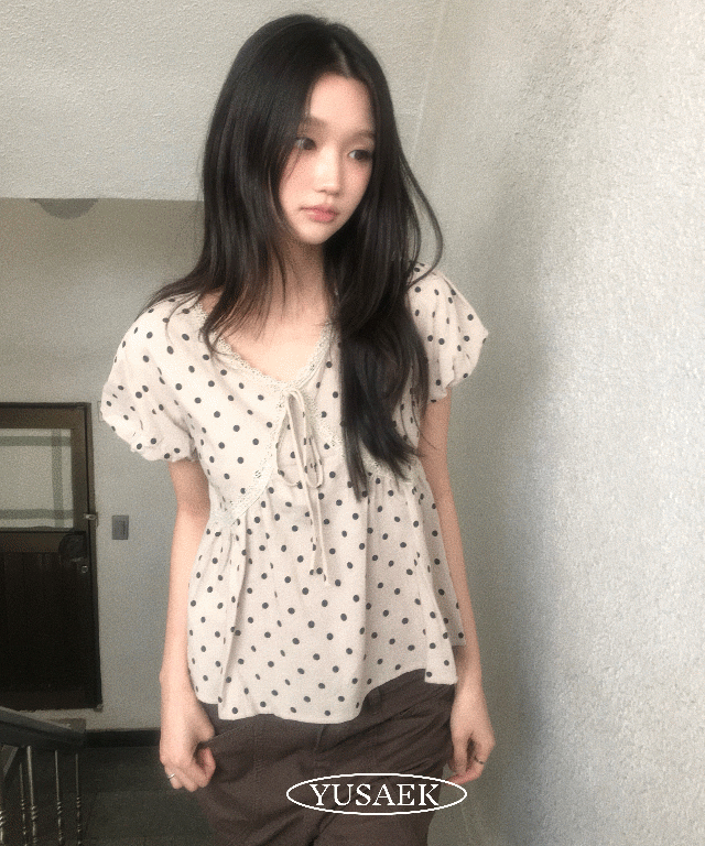 유색 [빈티지🤎/MD추천!] 베디 도트 퍼프 캉캉 반팔 블라우스