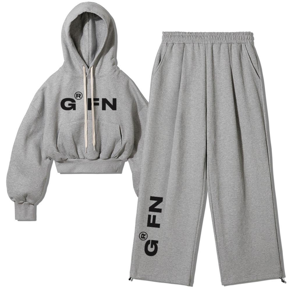 오버핏 특양면 기모 볼드 로고 크롭 후디+ 원턱 밴딩 스트링 트레이닝복 셋업- 멜란지