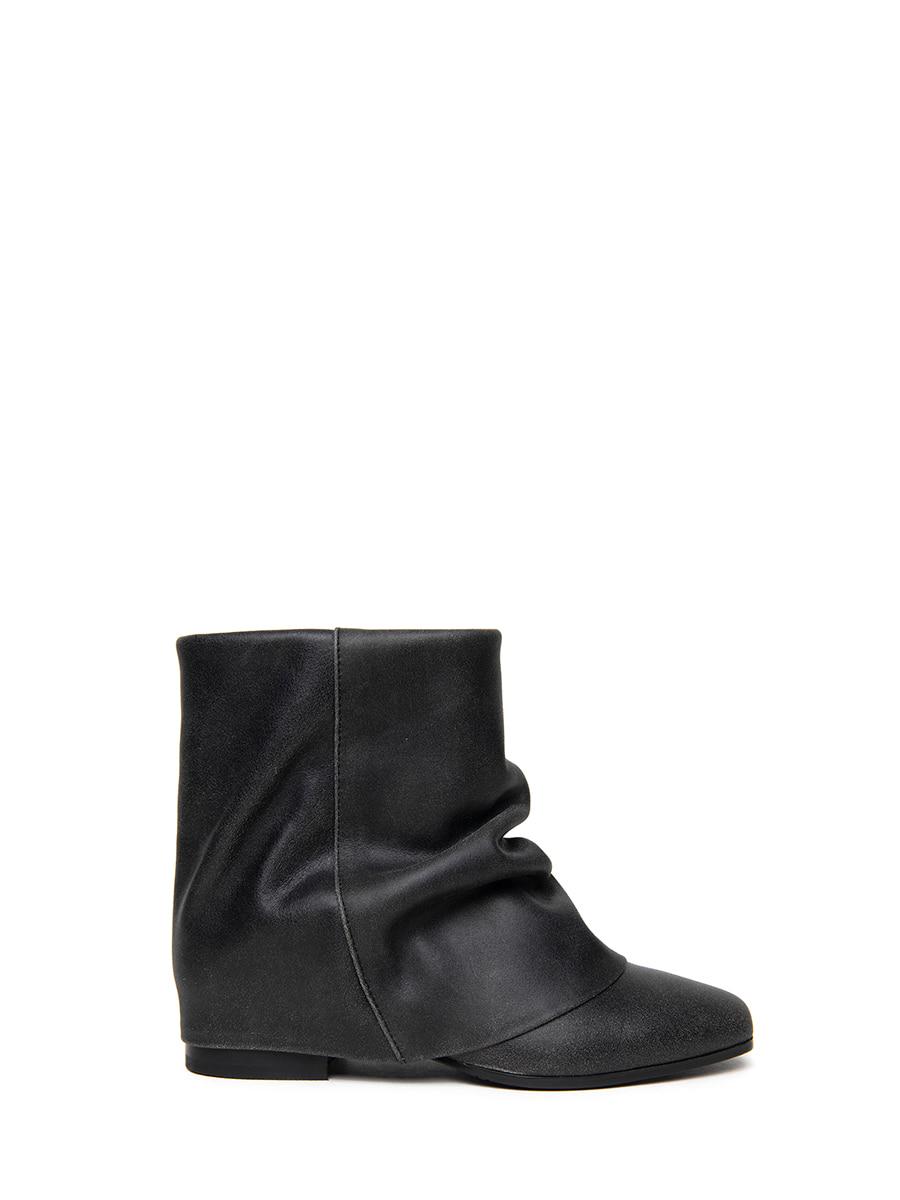 CRACKLE WRINKLE LEATHER SHORT BOOTS BLACK