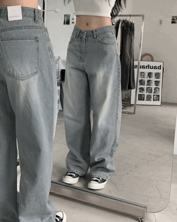 [당일발송] 번튼 워싱 빈티지 와이드데님