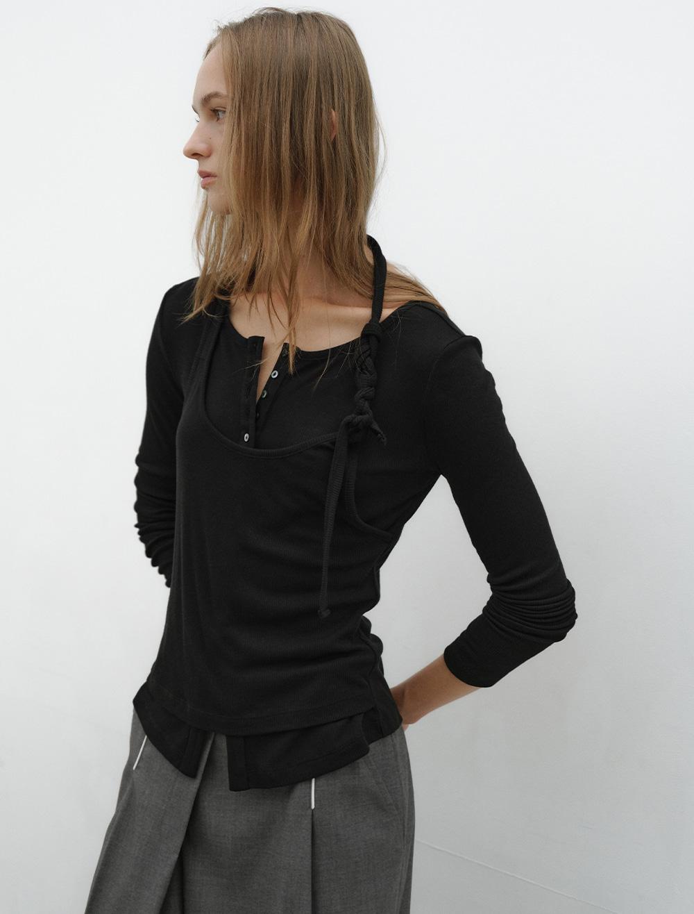 LAYERED BUTTON T-SHIRT [BLACK]