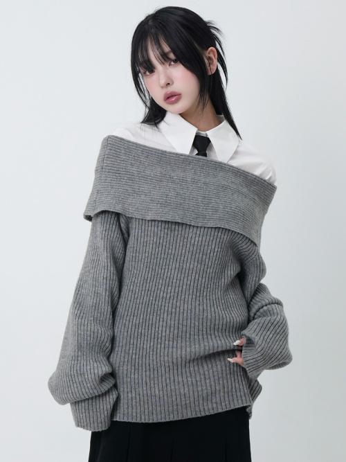 Loose fit Off Shoulder Knit (Grey)