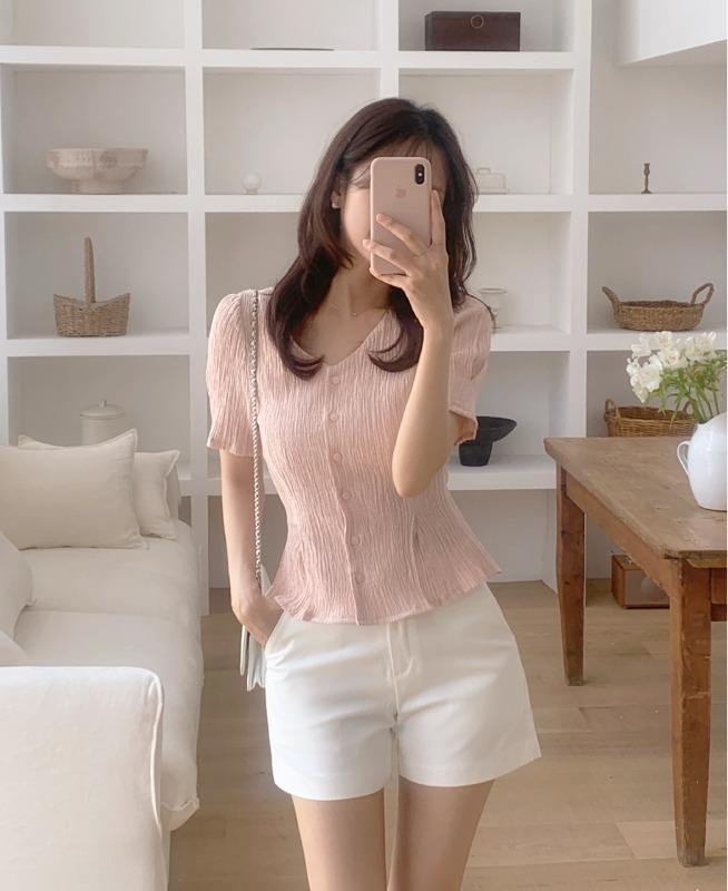 [🌿하객룩/휴양지] 헤이즐 링클 반팔 블라우스