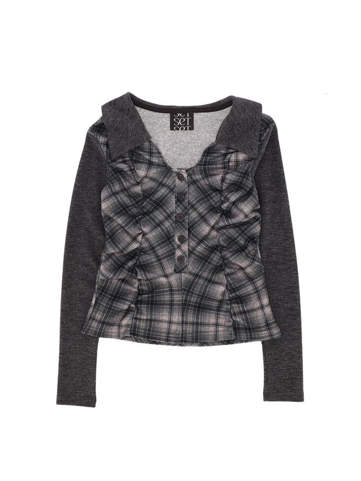 CHECKERED COLLAR SHIRRING TOP (CHARCOAL)