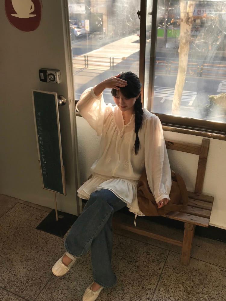 샤베트 자수 레이어드 원피스
