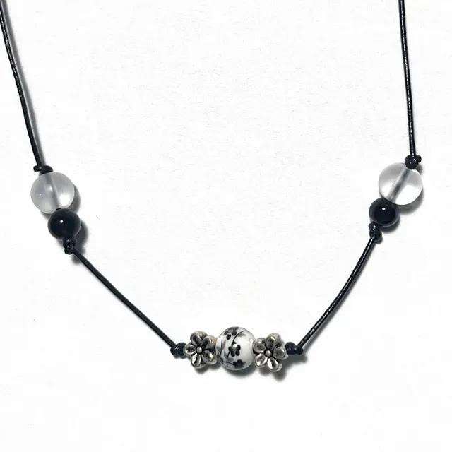 청초 백수정 동양풍 가죽 원석 목걸이 <3