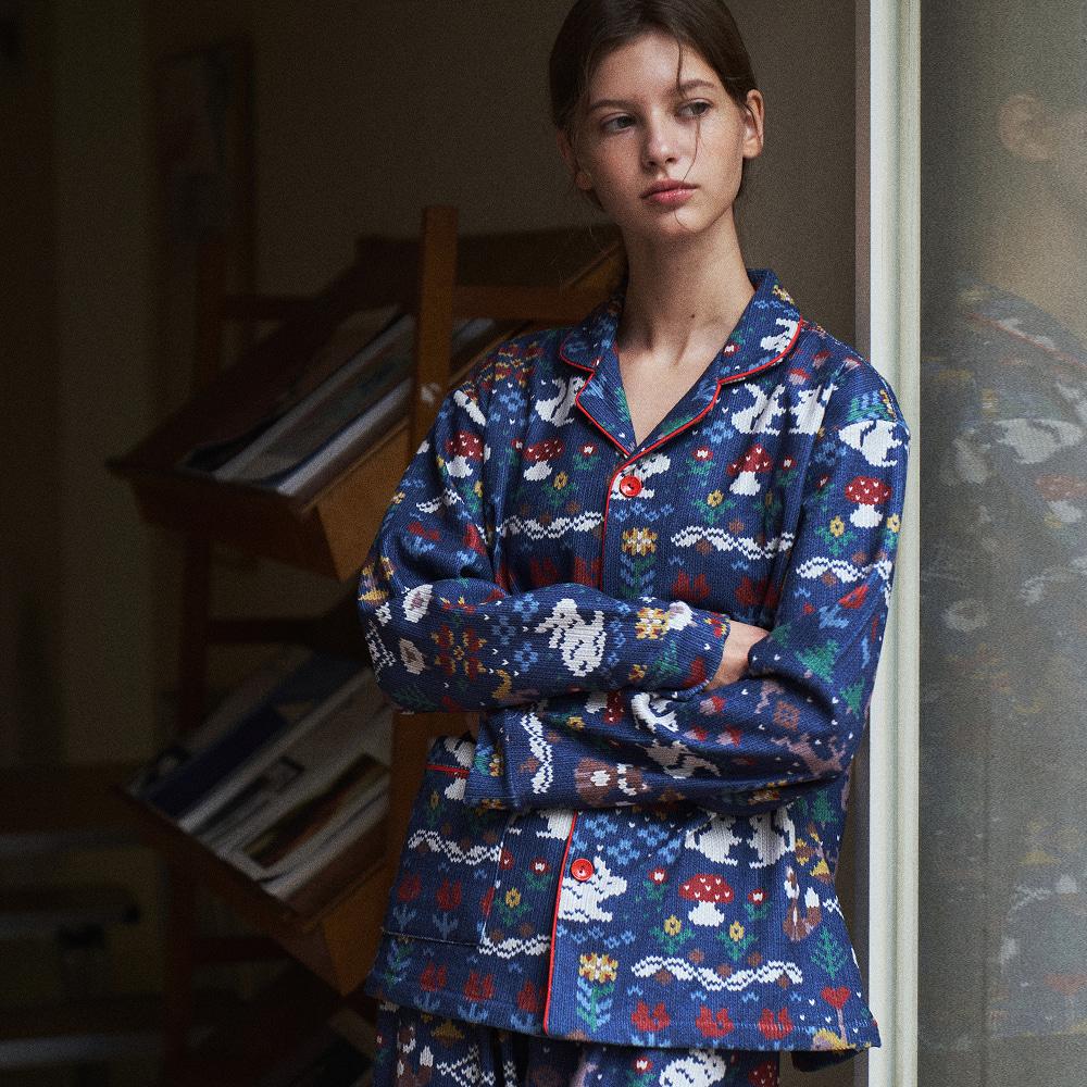 코듀로이 벨벳 윈터 빌리지 패턴 긴팔 세트 여성 커플 잠옷