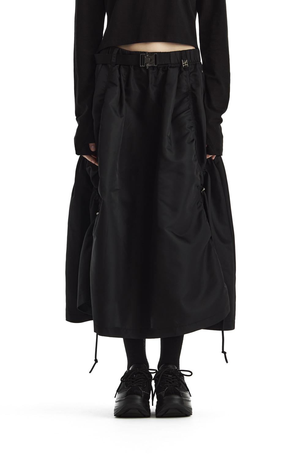 Drawstring Nylon Flared Set-Up Skirt [ Black ]