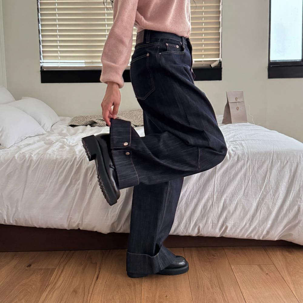 플리 논페이드 스냅 와이드 데님 팬츠 ( S,M,L )