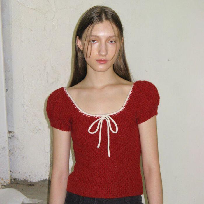 [뉴진스하니착용]Puff Half Knit Top (Red)