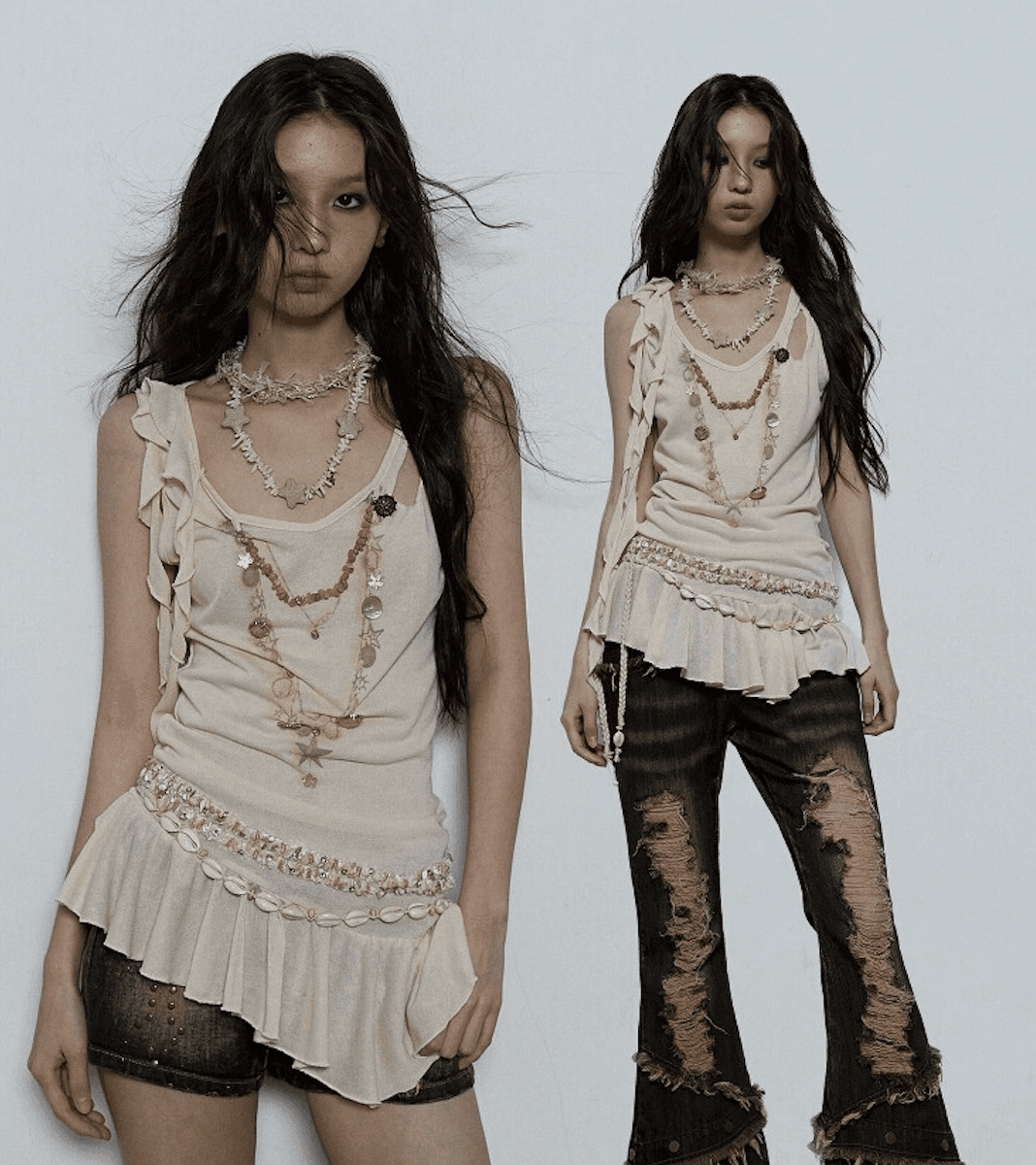 NO ROMANCE 노로맨스 자개 목걸이 핸드메이드 포인트 프릴 나시탑