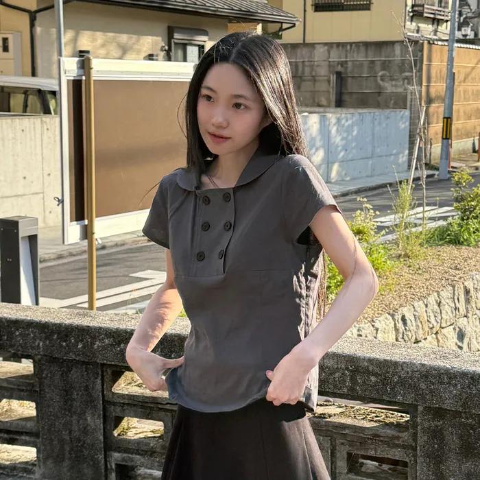 Double button shirts top CHARCOAL