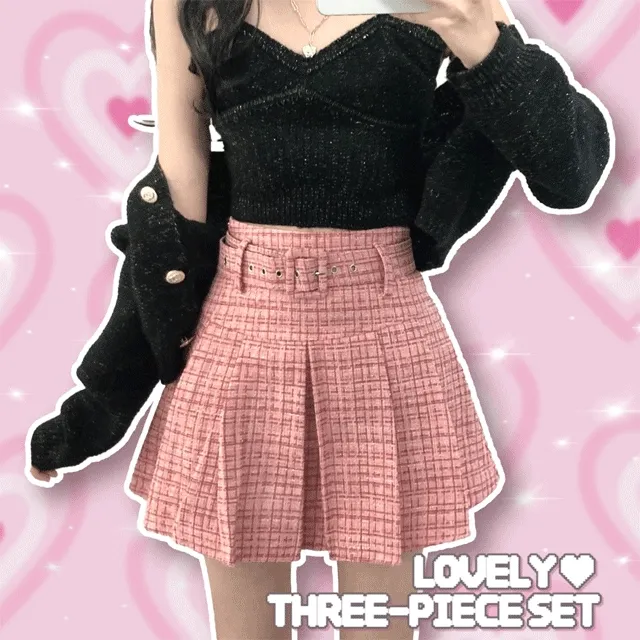 [단독진행/하이틴] 펄 하트넥 나시&니트 가디건 + 벨트 트위드 테니스스커트 쓰리피스 세트