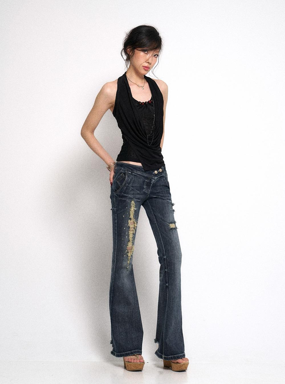 Washed Asymmetric Flared Distressed Jeans