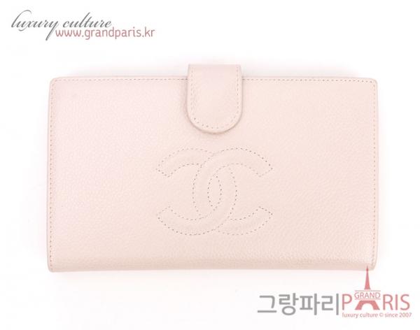 샤넬 베이지 레더 CC로고 금장 스냅 장지갑