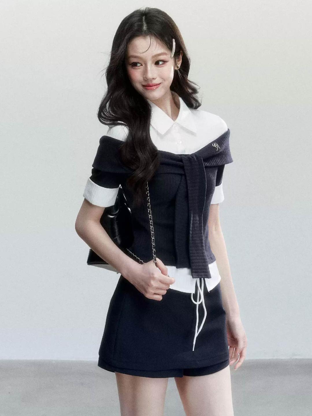 [FRAGILE HEART] Preppy Contrast Layered Knit Set