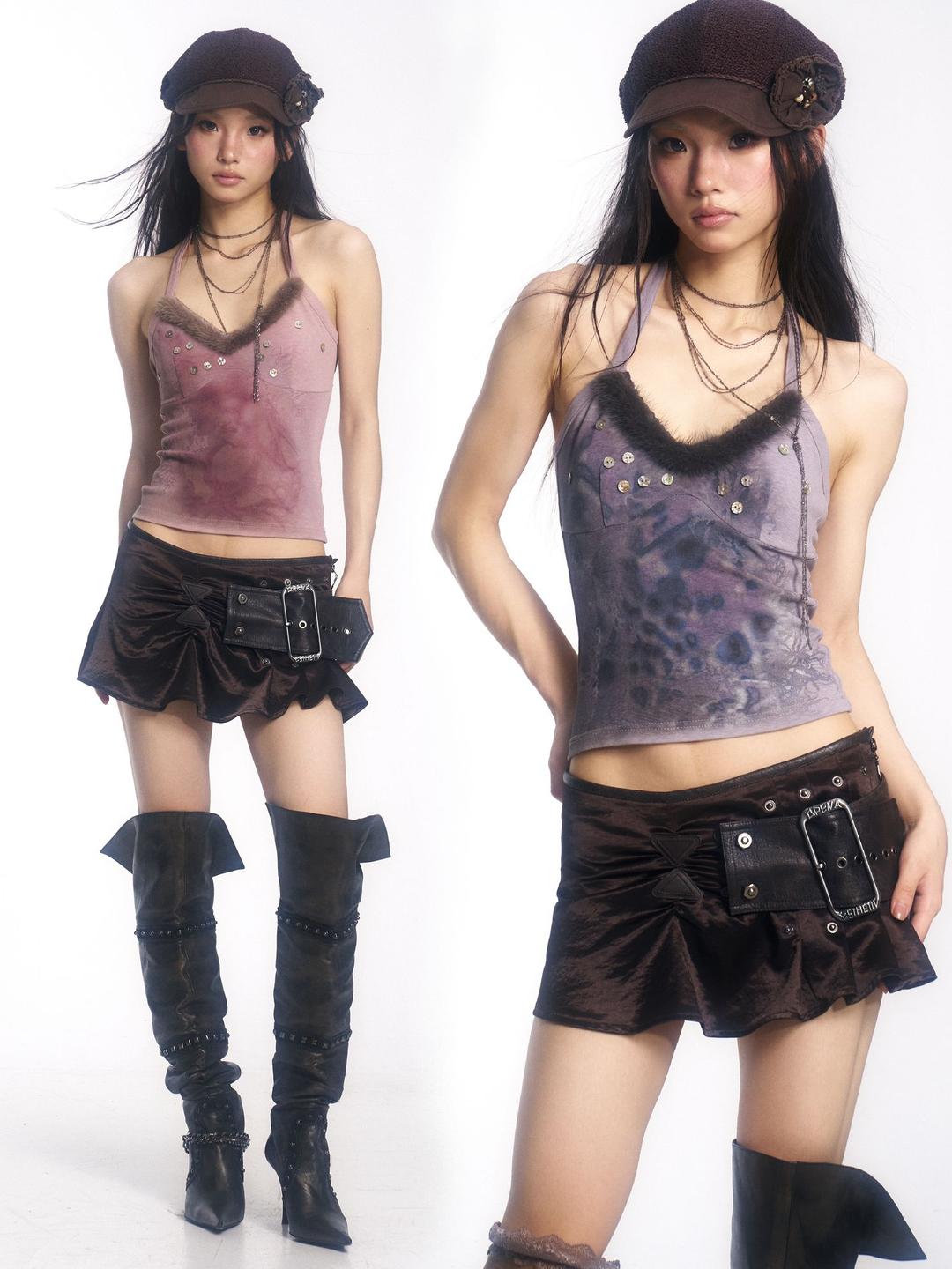 OPEN AESTHETIC 퍼 칼라 홀터넥 탱크탑 퍼 탑나시