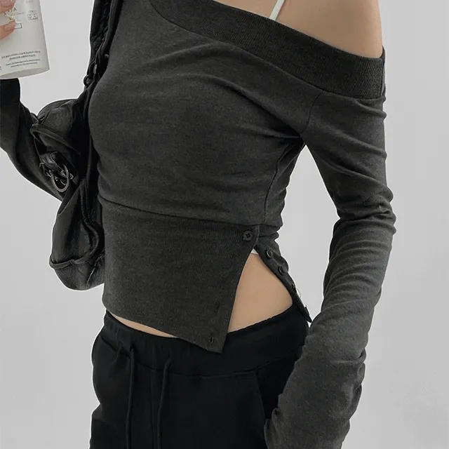 [1천장판매] 왓쿠 슬릿 버튼 언발 오프숄더 [연말룩 데일리 슬림 페미닌 보트넥 레이어드 절개 버튼 티셔츠 롱슬리브 긴팔티 긴팔]