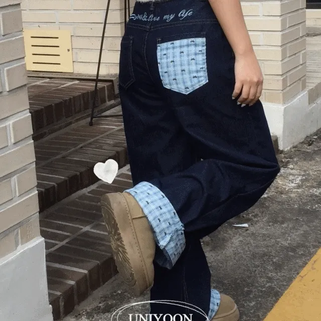(큐트/패치포인트)리본 패치 롤업 와이드 데님 팬츠