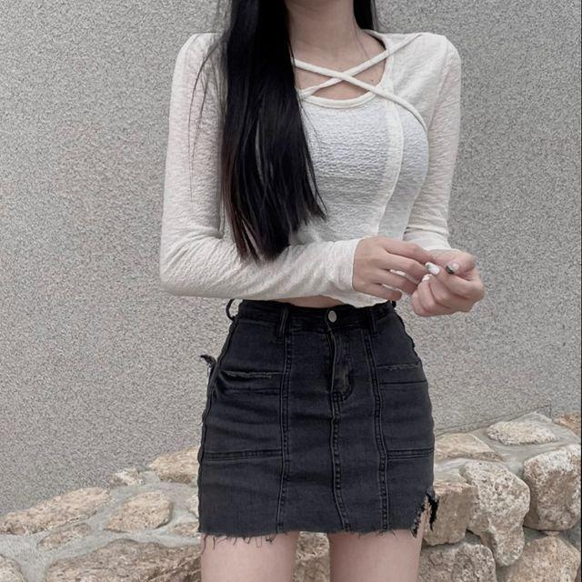 레이스 빈티지 키치 초커넥 크롭 물결티