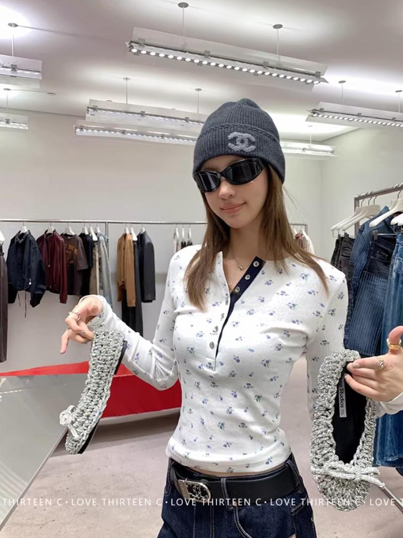 Mini Flower Pattern Henly Neck Button Sleeve (2Color)