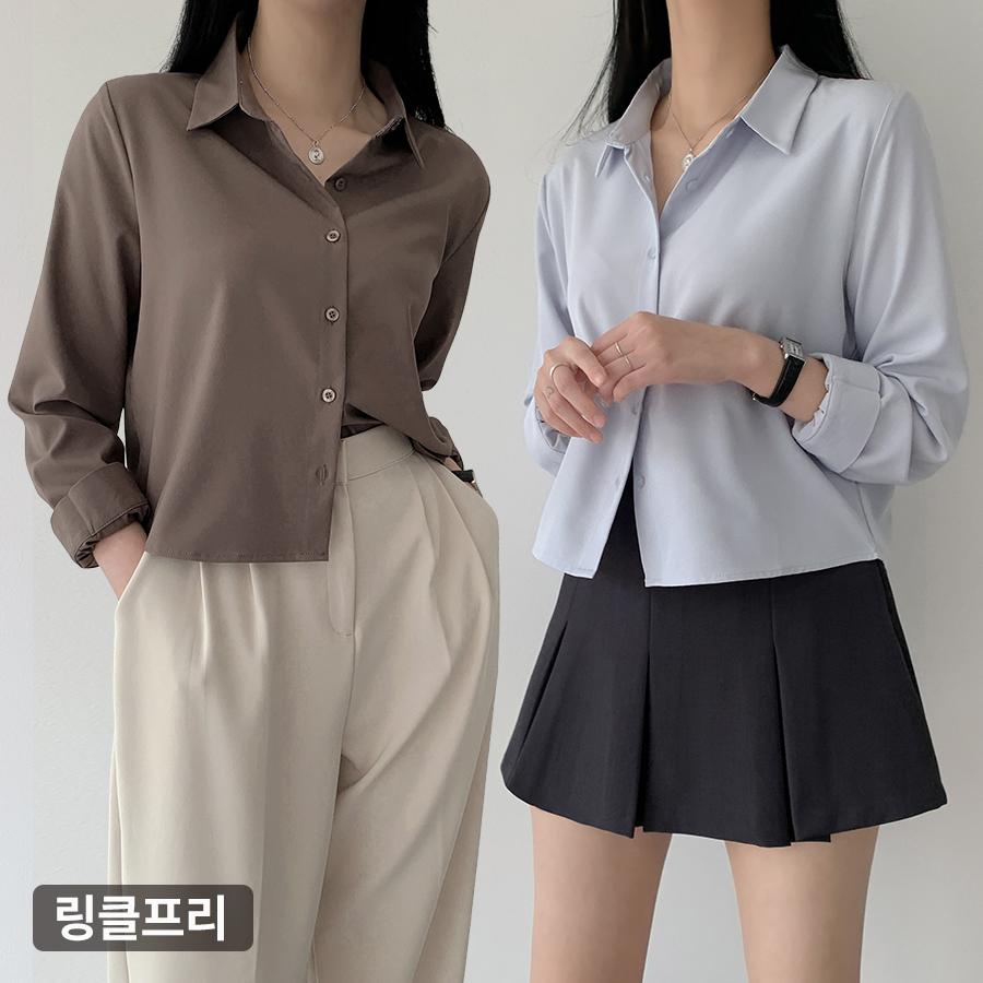 박남매 [검증된원단] 구김적은 링클프리 기본 크롭 긴팔 블라우스 P0007816