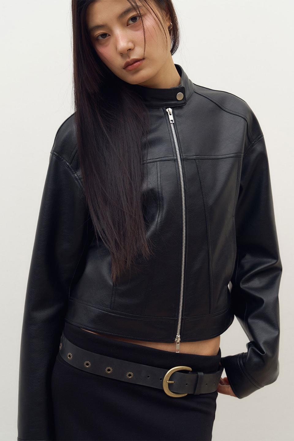 Vegan Leather Crop Biker Jacket in Black